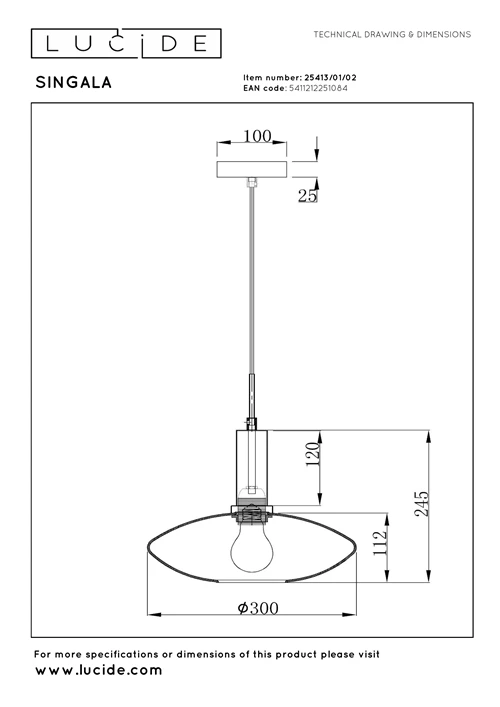 Lucide SINGALA - Pendant light - Ø 30 cm - 1xE27 - Matt Gold / Brass - technical